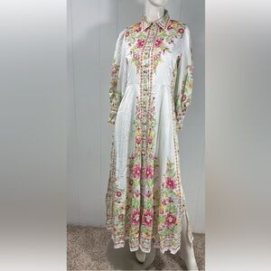 NWT Lai Meng Five Cats Floral Maxi High Collar Dress Long Sleeve M Button Front